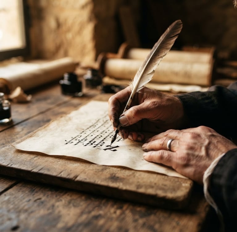 Macro close-up of a scribe's hand holding a quill, writing Hebrew letters on aged parchment with rich iron-gall ink, dramatic warm side-lighting, shallow depth of field, natural wooden workspace in Jerusalem.