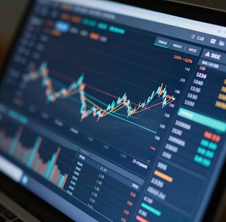 Close-up macro of a modern financial dashboard on a sleek screen, showing data lines and charts, cool blue lighting