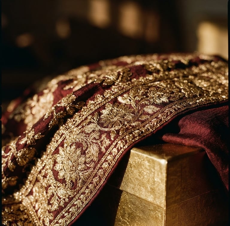 Dramatic close-up macro shot of dense gold zari embroidery on deep maroon Banarasi silk draped over a luxury rigid gold-foiled gift box, soft golden-hour window light, rich shadows, medium format film.