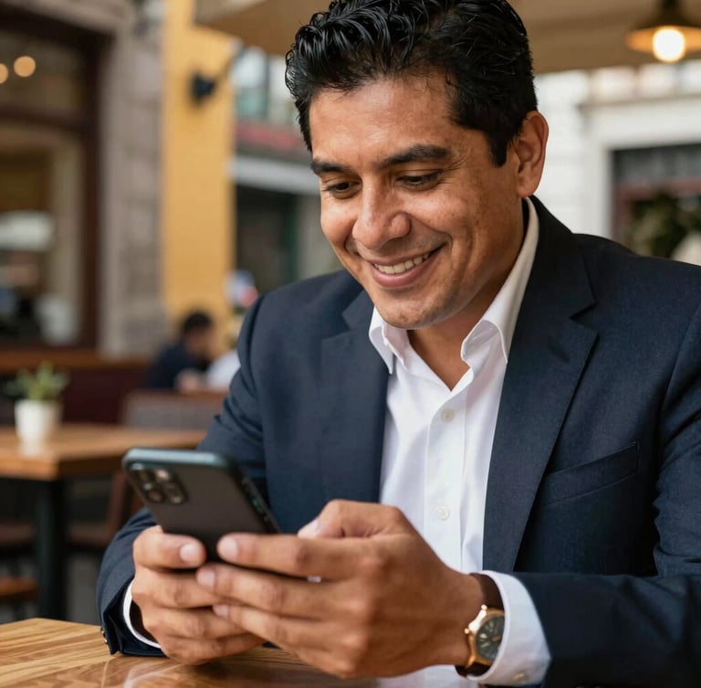 Close-up of a Mexican business owner smiling while looking at a WhatsApp chat on their smartphone in a warm, sunlit cafe in Mexico City, authentic lifestyle photography, 35mm lens