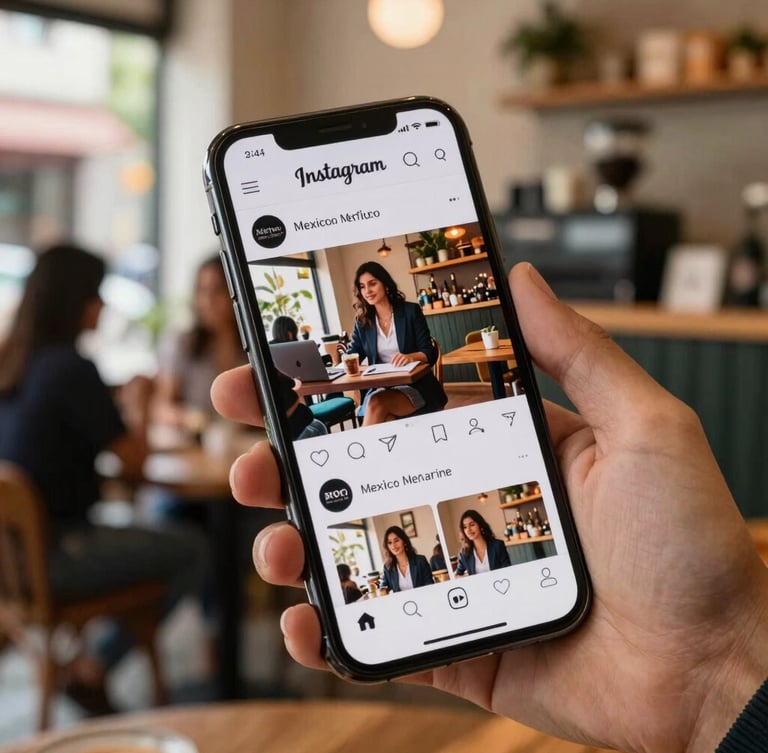 Close-up of a modern smartphone screen displaying a beautifully designed Mexican brand Instagram feed, held by a business owner in a lively local cafe, warm natural lighting