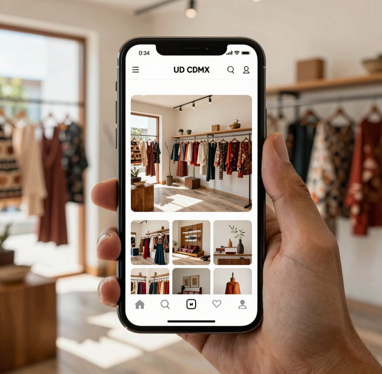 A high-contrast mockup of an aesthetic Instagram feed of a local Mexican boutique on a modern smartphone screen, held by a creative designer in a bright, sunlit CDMX studio, 35mm lens