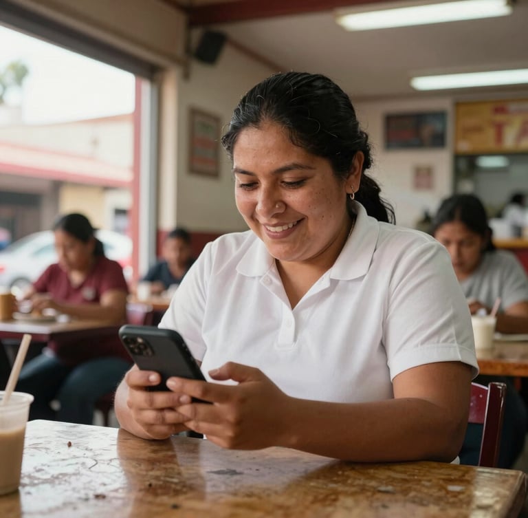 Dynamic low-angle shot of a busy local Mexican restaurant owner smiling while looking at her smartphone, warm natural light, authentic street background visible through the window, 35mm lens.