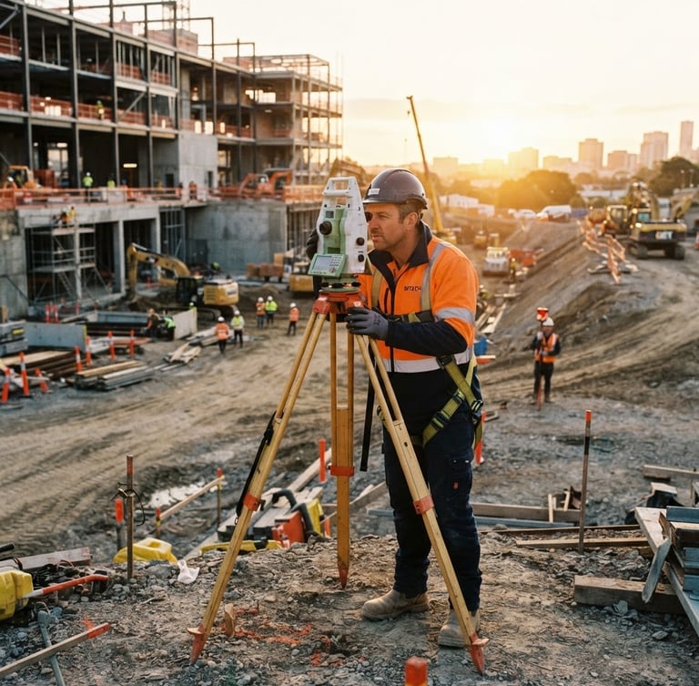 Wide environmental shot of a professional surveyor operating a total station on a construction site at golden hour, crisp industrial photography, bright natural daylight, high-contrast navy and safety orange tones, sharp focus, 35mm.