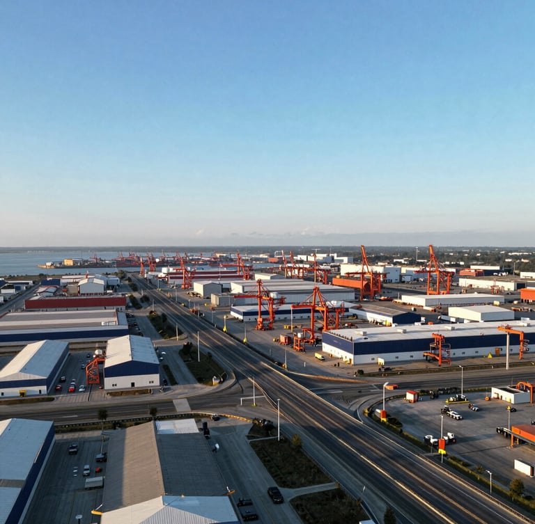 Wide aerial view of a major industrial zone at golden hour, showing proximity to a highway interchange and a port in the distance, expansive sky, low horizon, crisp industrial photography, bright natural daylight, high-contrast navy and safety orange tones, sharp focus, 35mm.