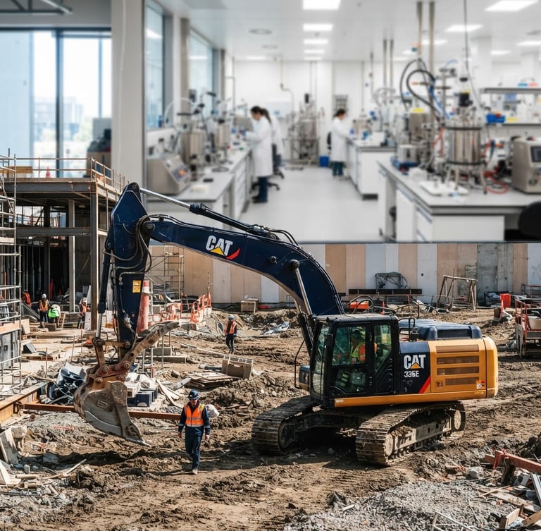 Wide environmental shot of a modern construction site with a heavy excavator in the foreground, and a blurred background showing sterile laboratory equipment, under high-contrast natural daylight, crisp industrial photography, high-contrast navy and safety orange tones, sharp focus, 35mm.