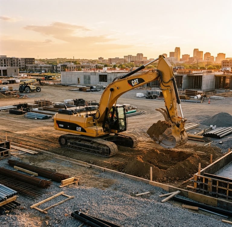 Wide shot of a modern yellow excavator on a clean construction site at golden hour, high-contrast natural daylight, sharp focus, 35mm, with a deep navy and safety orange color grading.