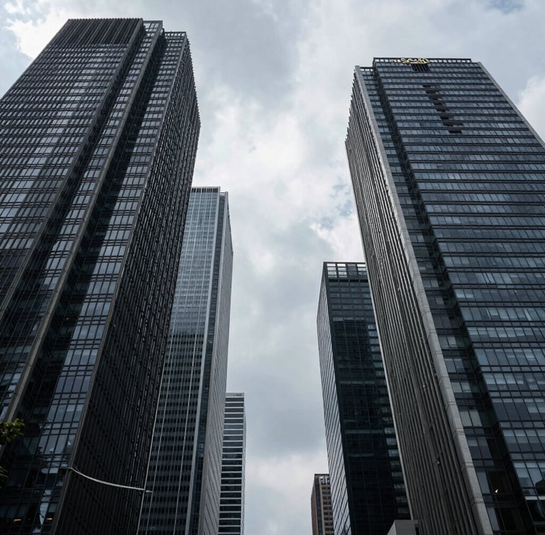 Low-angle architectural shot of Jakarta's SCBD financial district towers, sharp geometry, overcast daylight, deep dramatic shadows, high-contrast.