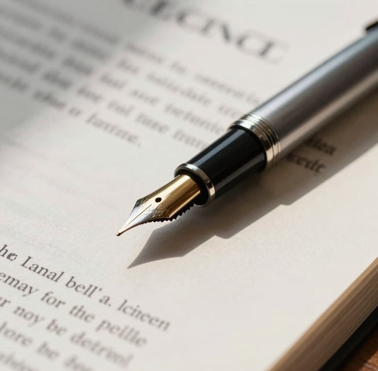 Extreme close-up of a fountain pen resting on heavy legal precedent documents, sharp architectural shadows cutting across the desk.