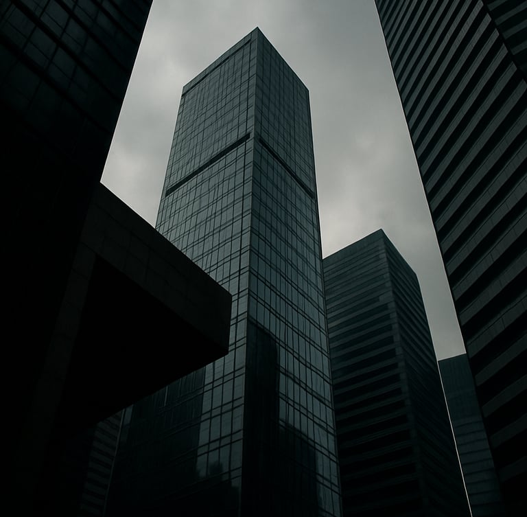 Low-angle architectural shot of sharp geometric lines in Jakarta's financial district, overcast daylight, deep shadows.