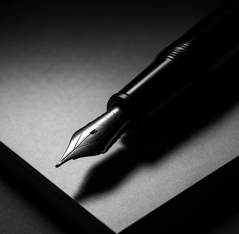 Extreme close-up of a heavy fountain pen resting on thick bond paper, sharp interior boardroom shadows, high-contrast monochrome lighting.