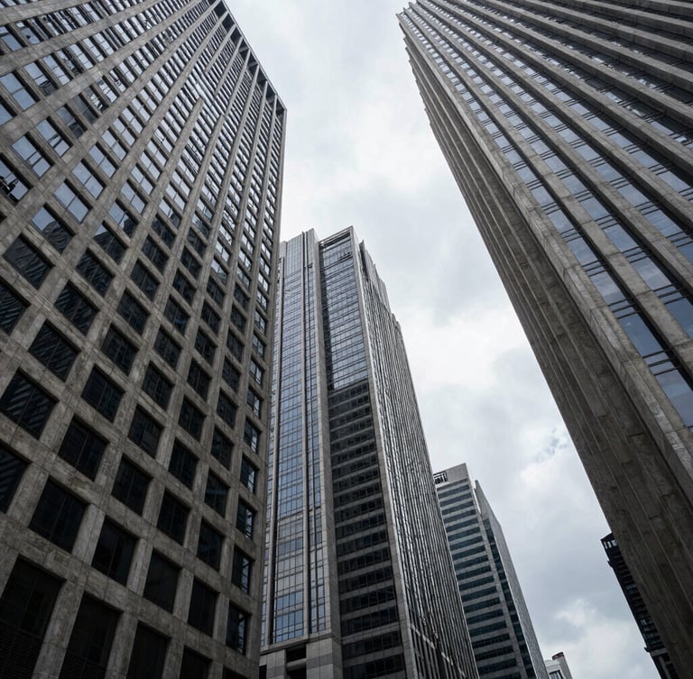 Low-angle architectural photograph of Jakarta's financial district skyscrapers, sharp concrete and steel geometry cutting into an overcast sky, high-contrast dramatic shadows, cold corporate editorial style.