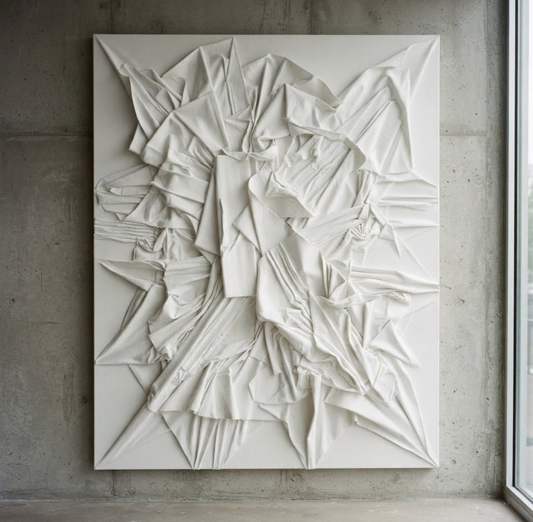 A large-scale three-dimensional white textured canvas hanging in a minimalist concrete gallery, soft natural side-light casting deep architectural shadows, medium format film.