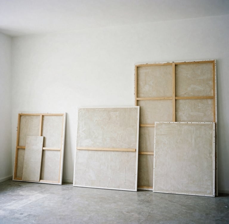 Wide environmental shot of an empty, sunlit art studio, high ceilings, large-scale textured canvases resting against pristine white gallery walls, soft diffused natural daylight