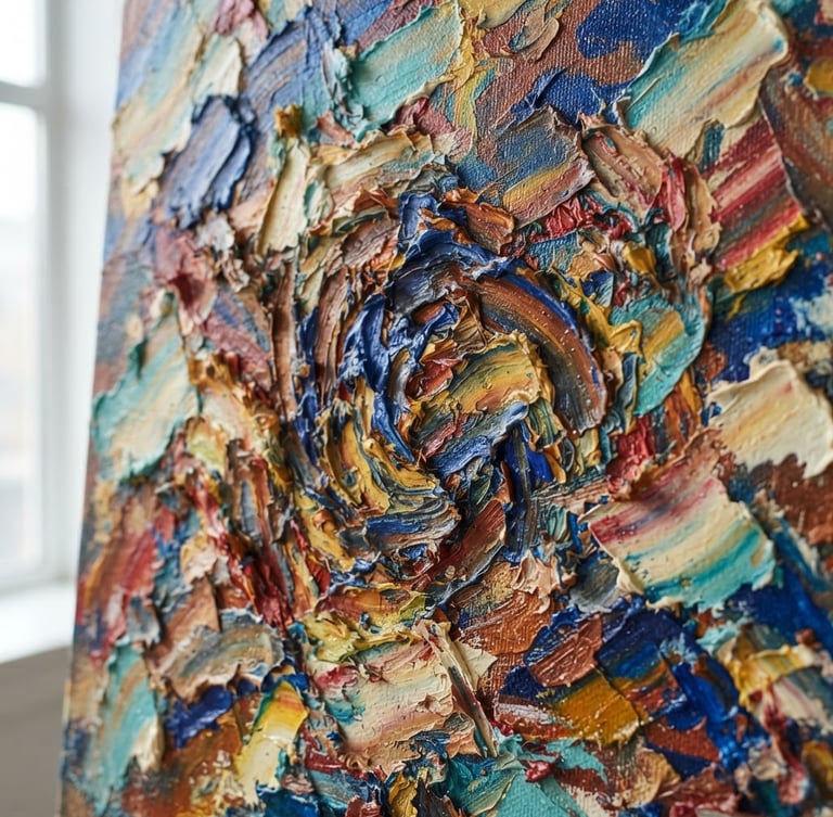 Extreme macro close-up of a highly textured contemporary oil painting, thick impasto brushstrokes, raw pigment density, soft natural daylight, neutral background
