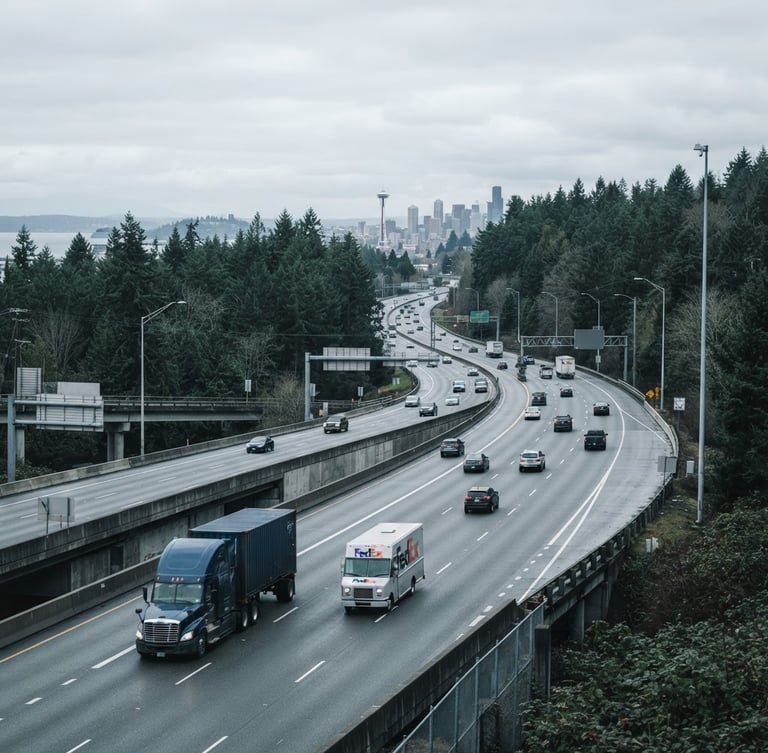 Wide environmental shot of a commercial transport corridor in the Pacific Northwest, overcast daylight, cool desaturated tones, sharp focus, 35mm lens