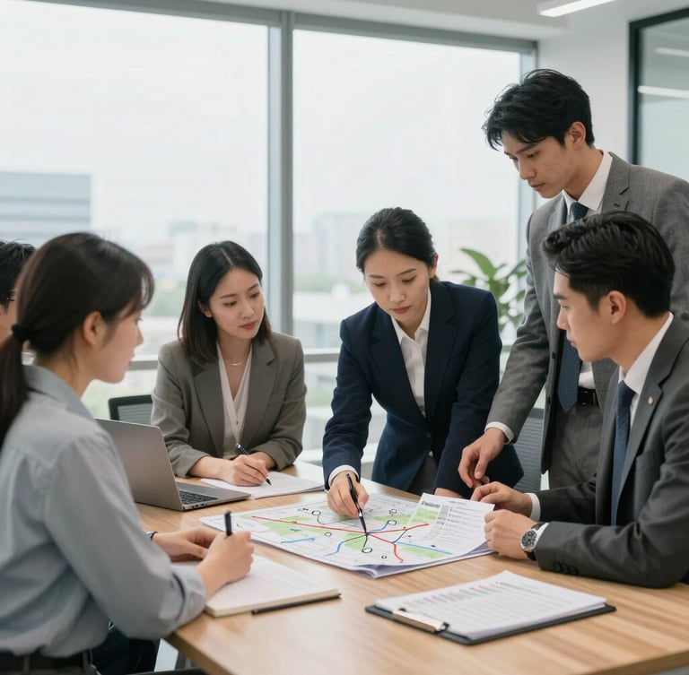 Professional team collaboration inside a bright, modern Pasco corporate office, advisors reviewing route maps and asset lists on a clean wooden table.