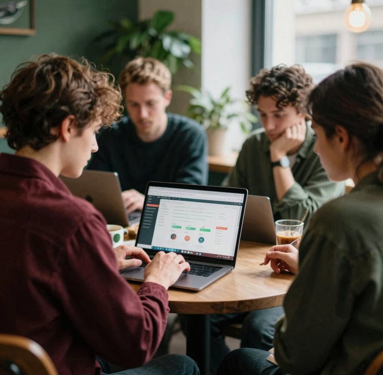 Behind-the-scenes shot of a Pomodoro team member reviewing social media analytics on a laptop in a cozy, Scandinavian-style cafe, soft natural light, forest green accents, warm editorial photography, 35mm film grain.