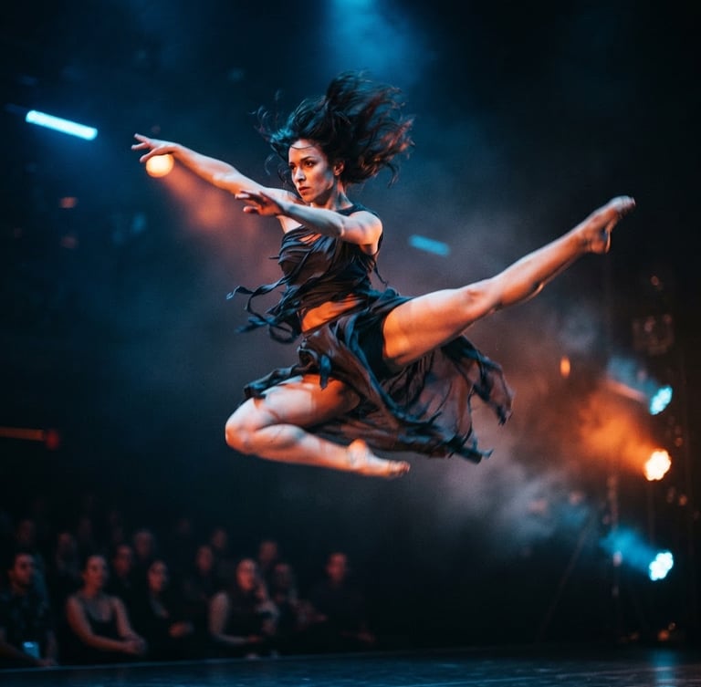 Dynamic action shot of a dancer mid-leap under neon blue and orange stage spotlights, sharp motion blur, high contrast, 35mm lens