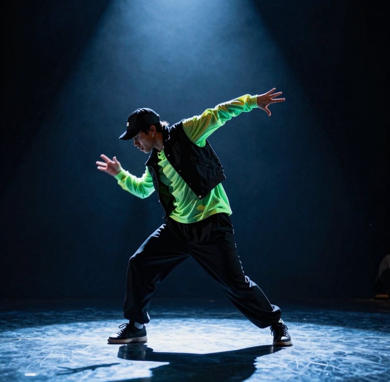 Dynamic action shot of a dancer in a sharp hip-hop pose, high-contrast neon cyan backlighting, dramatic stage shadows, 35mm lens.