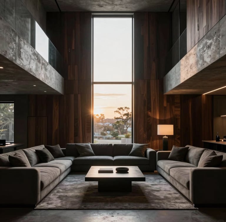 Symmetrical architectural crop of a luxurious dark-toned living room, raw concrete and dark oak paneling, soft golden hour light streaming through a tall window, high-contrast chiaroscuro.