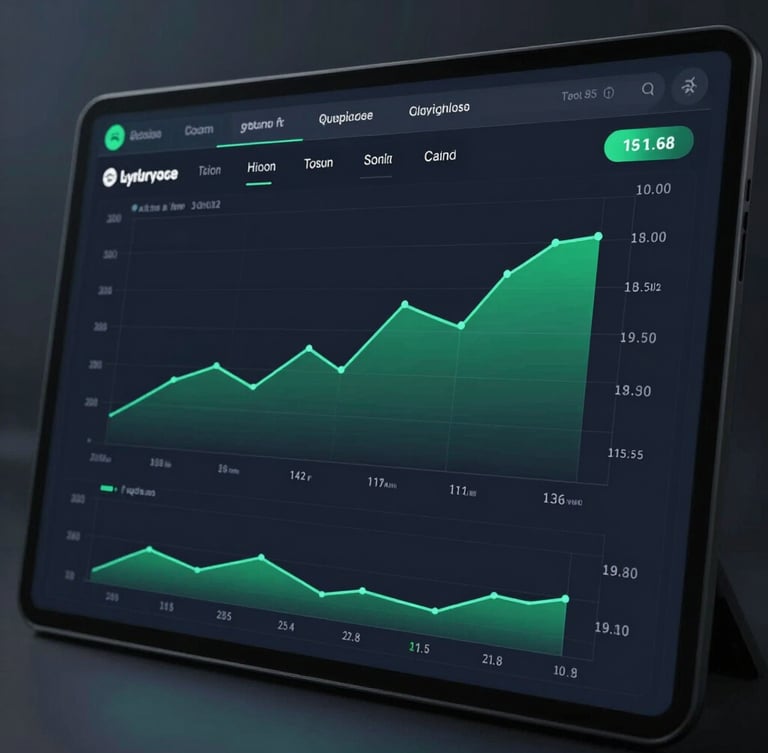 High-fidelity UI mockup of a clean financial dashboard on a dark screen, showing elegant green growth curves, minimal cash flow charts, cool ambient glow, professional fintech aesthetic.