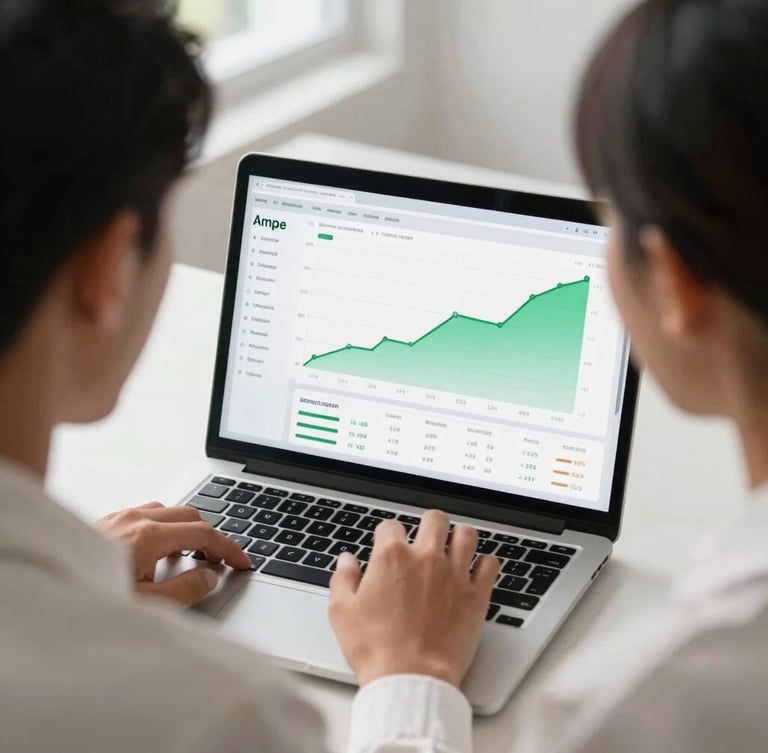 Over-the-shoulder shot of a young Indonesian professional in a bright modern workspace, analyzing a clean financial dashboard with green growth curves on a laptop screen, soft natural side lighting.