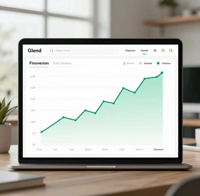 High-fidelity UI mockup of a clean financial dashboard with a subtle green growth curve, modern Indonesian workspace background, window light.