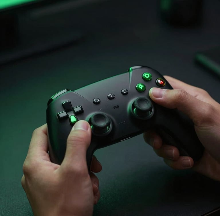 Close-up of a gamer's hands holding a sleek black wireless controller with glowing green LED accents, dark moody background, high-contrast, 35mm