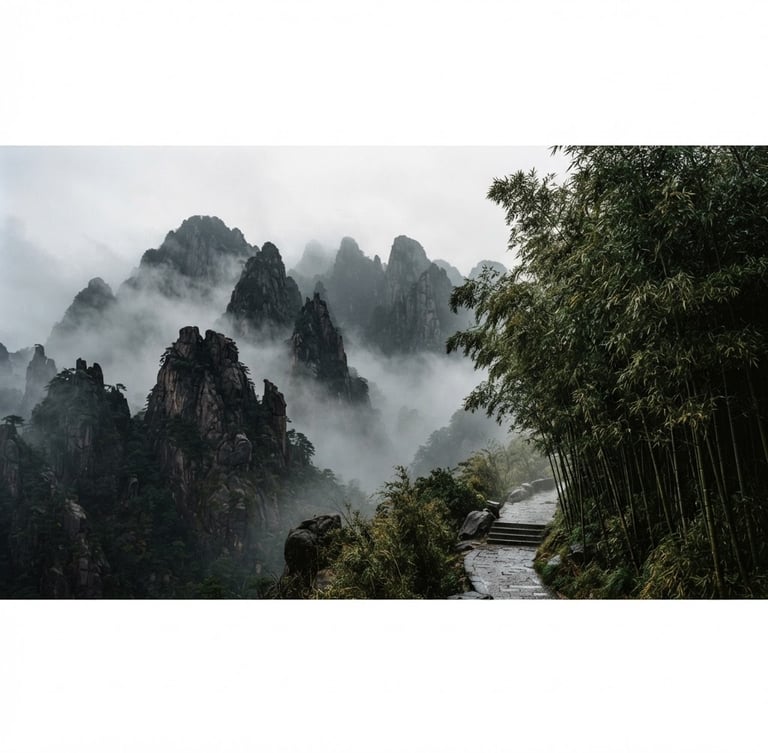 Wide panoramic misty mountain peaks with a grove of bamboo stalks on the right, soft diffused overcast daylight, deep shadows, high contrast, atmospheric fine art photography, 35mm