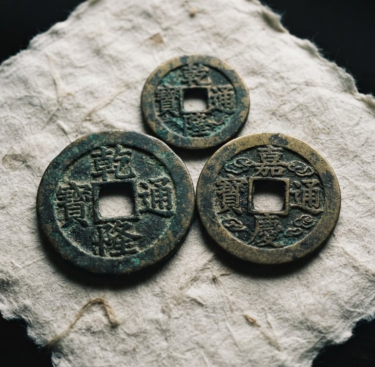 Macro close-up of three ancient Chinese coins with rich patina, arranged on a textured, off-white paper, soft diffused overcast daylight, deep shadows, high contrast, 35mm