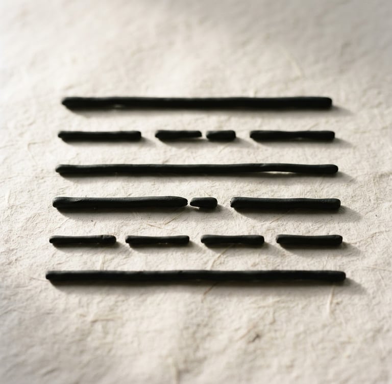 Minimalist composition of six sculptural black horizontal lines, some solid and some broken, arranged on a textured off-white paper background, soft side lighting, high contrast, atmospheric fine art photography.
