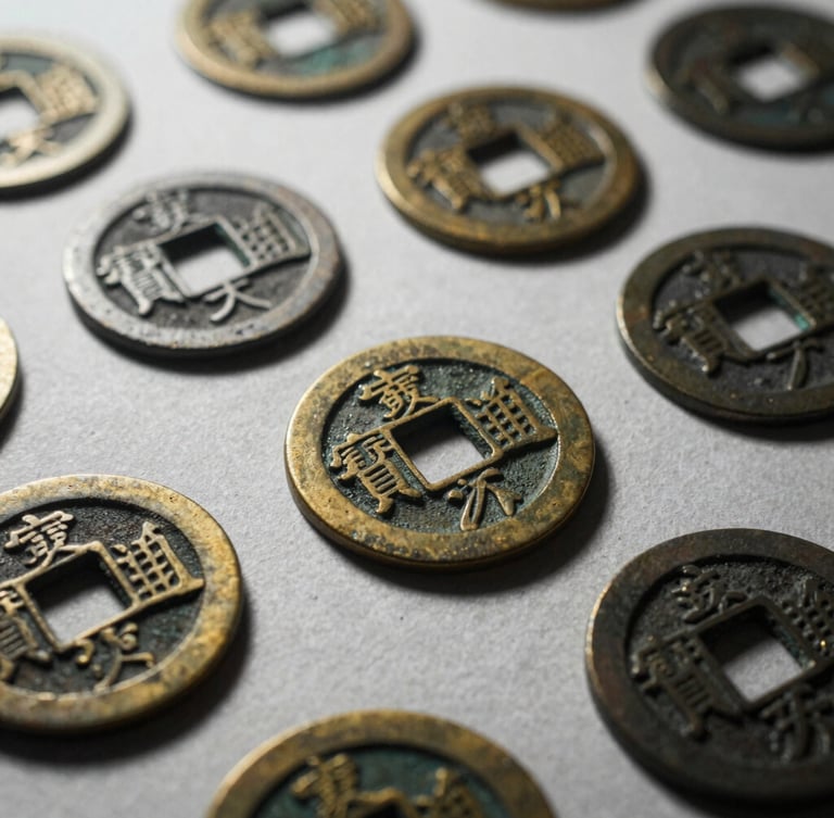Close-up of ancient Chinese coins with worn patinas, arranged on a textured, off-white paper, soft diffused light, deep shadows, atmospheric fine art photography, high contrast, 35mm, deep charcoal and matte gold tones.