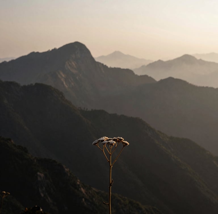 Wide panoramic view of misty mountain peaks at dawn, soft diffused light, deep shadows, a single dried yarrow stalk in the foreground, atmospheric fine art photography, high contrast, 35mm, deep charcoal and matte gold tones.