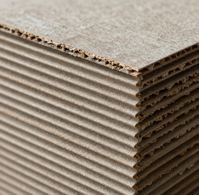 Macro orthographic shot of raw micro-corrugated board layers under clean studio lighting, highlighting structural flute patterns.