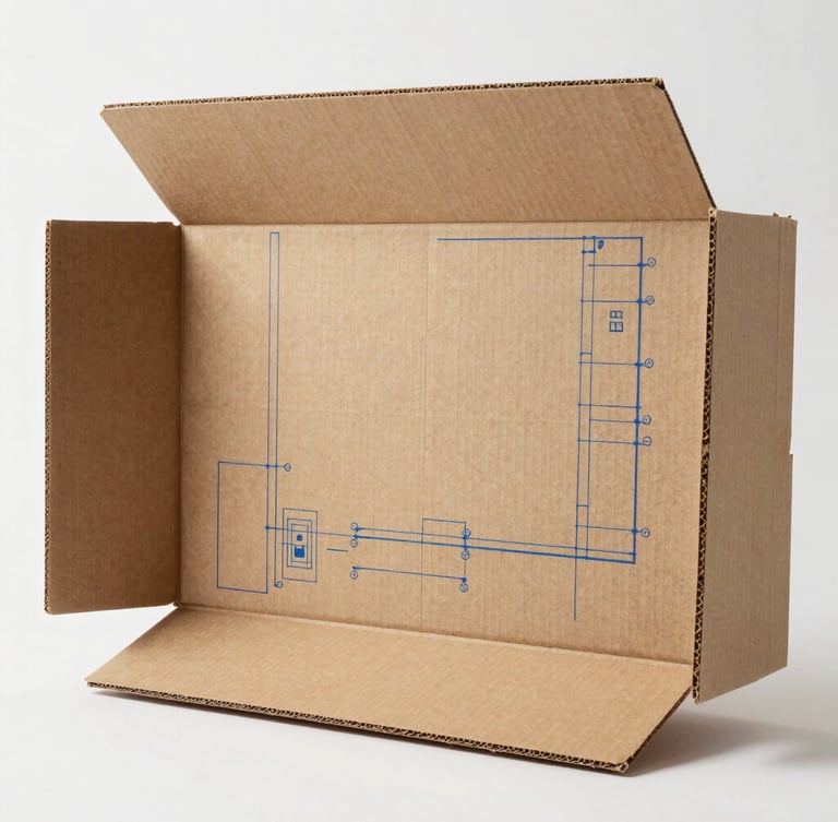 Flat-lay structural cardboard box template showing precise folding lines and technical blue blueprint markings, bright studio lighting.