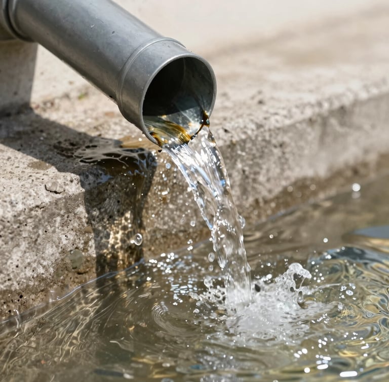 Close-up action shot of a clean downspout opening at ground level, clear water rushing out forcefully onto a concrete splash block, bright Florida sunlight reflecting off the water.