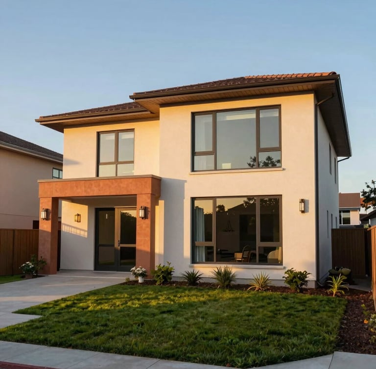 Warm golden hour light hitting the clean modern facade of a two-story suburban house, featuring large glass windows, terracotta accents, and a neat green garden in the foreground.