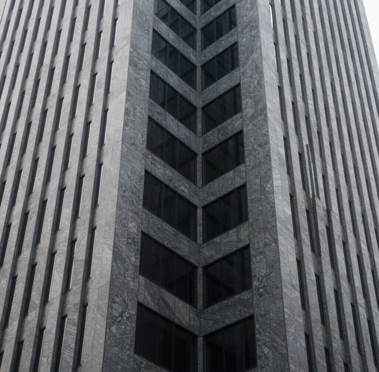 Abstract architectural lines of a modern corporate skyscraper in São Paulo, cool slate tones, sharp angles, natural daylight.