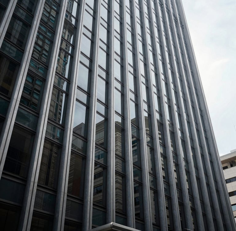 Abstract architectural lines of a modern corporate building in São Paulo, sharp steel and glass facade, cool natural daylight, wide angle shot.