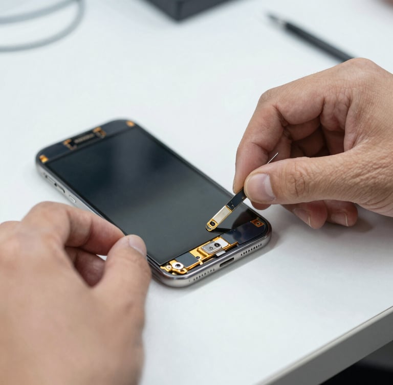 Crisp macro photography of a technician's hands carefully replacing a mobile phone screen on a clean, bright white workbench under neutral light, shallow depth of field, 50mm