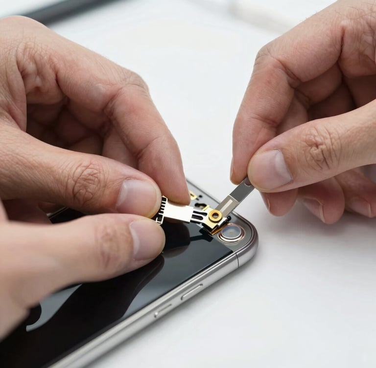 Crisp macro photography of hands carefully replacing a phone screen under bright neutral workshop light, clean technical details, shallow depth of field, 50mm