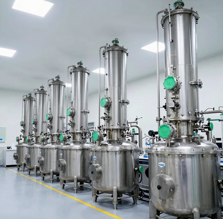 Wide-angle industrial chemical manufacturing facility, stainless steel distillation reactors, clean high-key laboratory lighting, sharp focus, 35mm lens