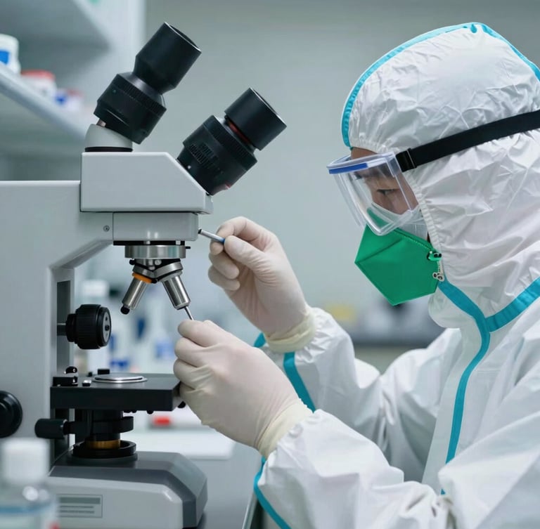 Close-up of a laboratory technician in clean protective gear examining chemical purity under bright clinical light, stainless steel equipment, sharp focus
