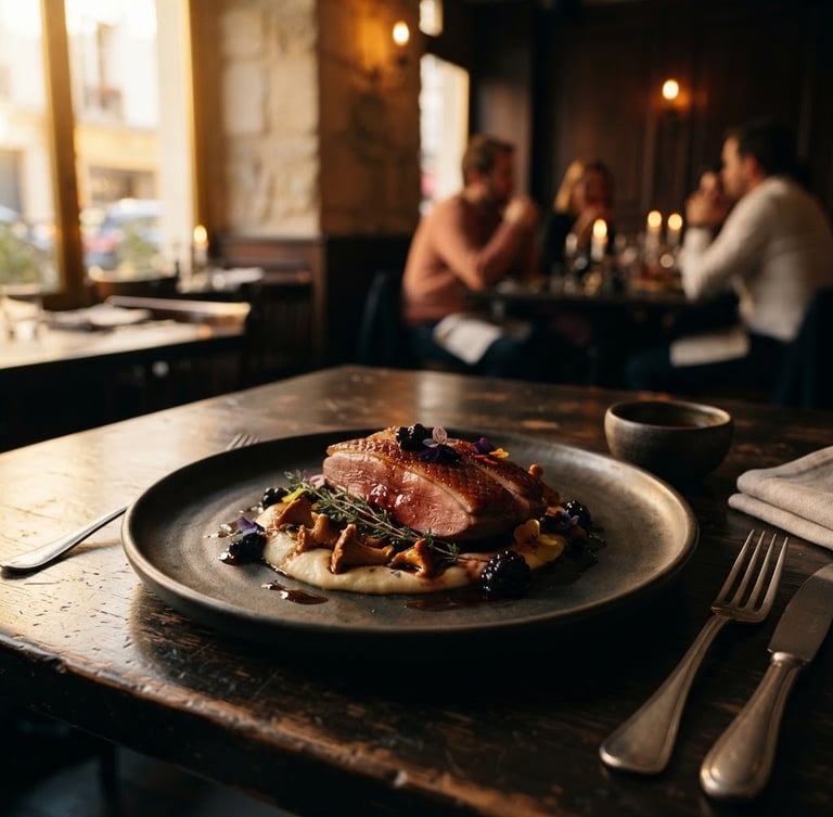 Moody food photography, warm golden-hour side light, elegant dining room of Restaurant Modia in Paris, dark ceramic tableware on wooden tables, shallow depth of field, 35mm