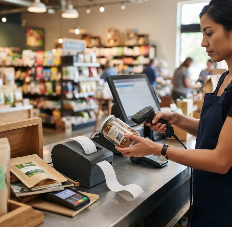 Realistic commercial photography of a modern retail checkout counter, hands of a cashier scanning a product with a barcode scanner, thermal printer printing a receipt, natural indoor lighting, sharp focus, 35mm