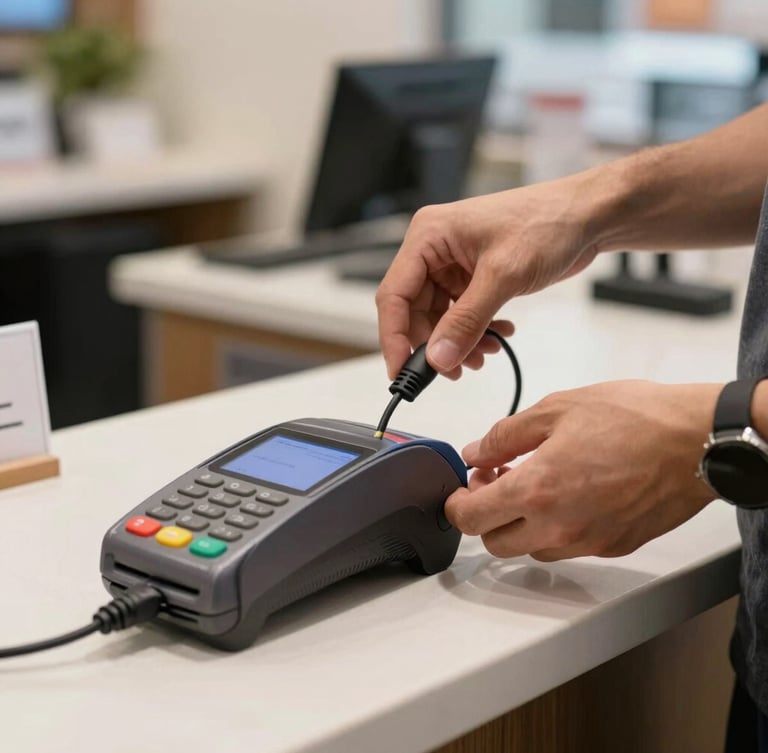 Close-up of a technician's hands carefully connecting cables to a POS terminal, on a clean, light-colored counter, natural indoor business lighting.