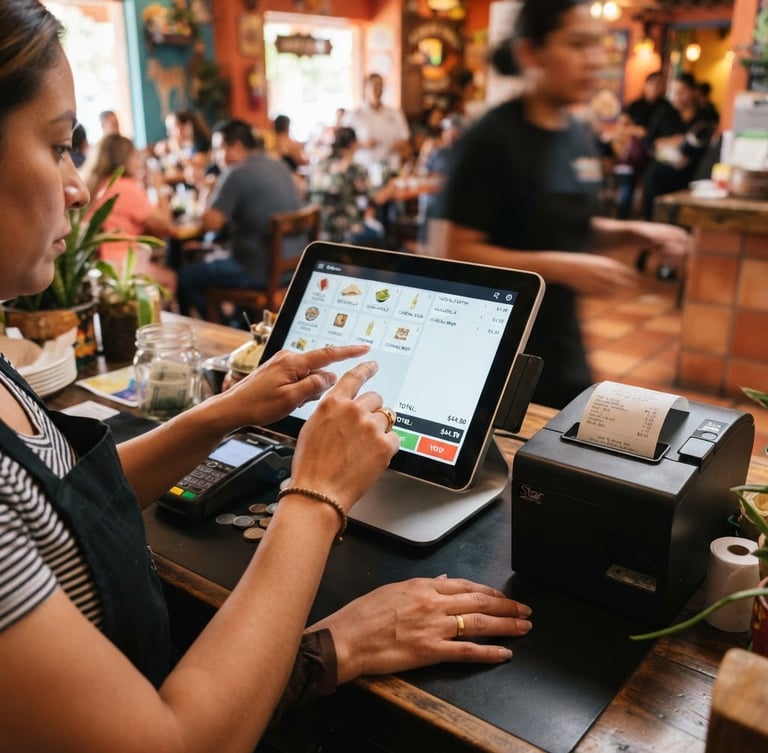 Hands of a cashier operating a modern touchscreen point-of-sale terminal in a busy Mexican restaurant, thermal printer printing a ticket in the background, natural indoor business lighting, sharp focus, 35mm