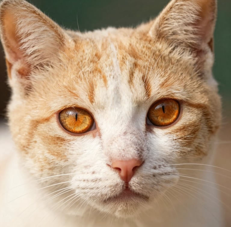 Macro close-up of expressive, warm orange-gold kitten eyes, soft natural daylight, shallow depth of field, rich cream tones, 85mm lens