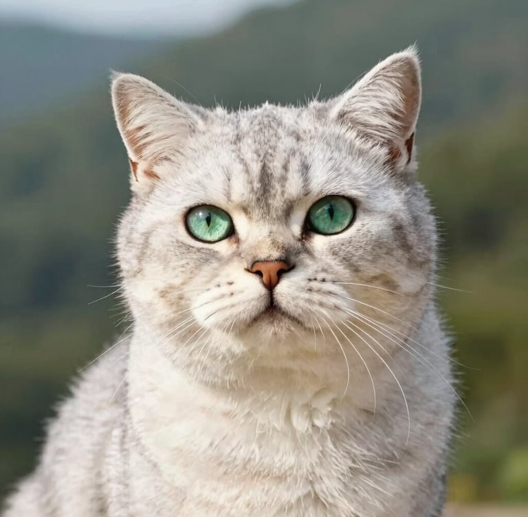 Close-up elegant portrait of a majestic forest green eyed silver shaded British Shorthair stud cat, soft natural mountain light, shallow depth of field